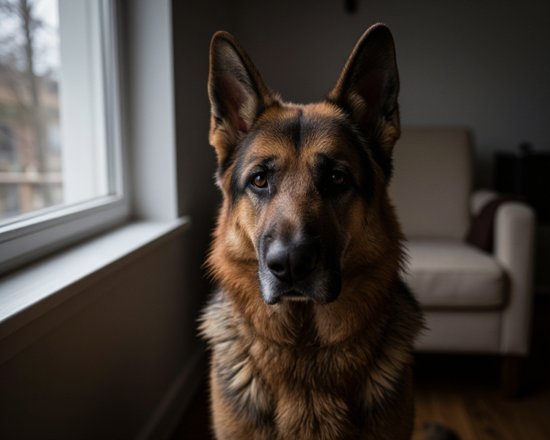Elderly German Shepherd in warm sunlight